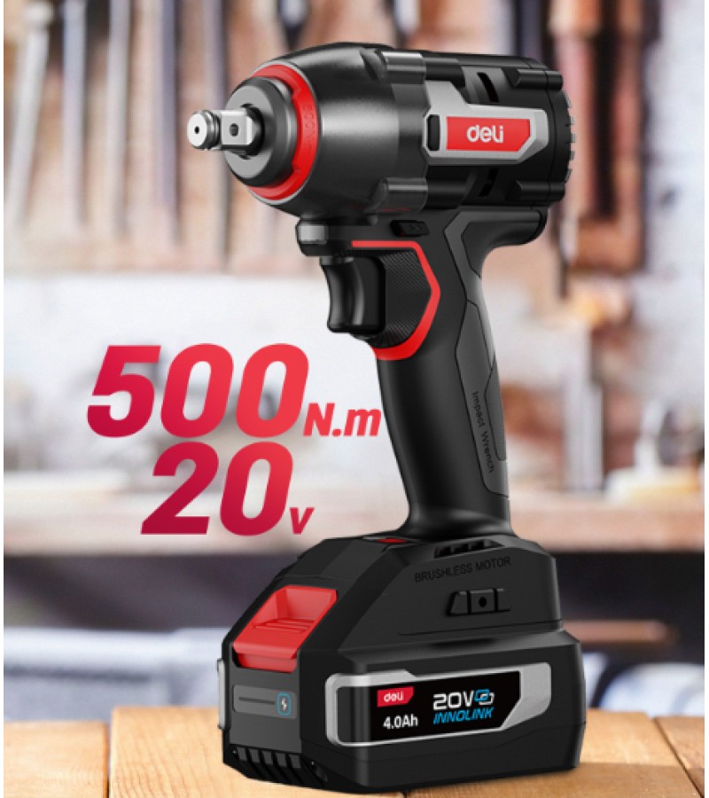 Impact wrench with battery 20V 500N.m 4Ah*2 RED DE231 bitter.  d e l i 